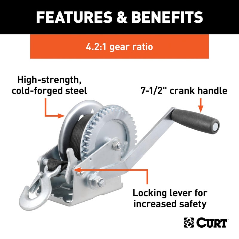CURT 29435 Manual Hand Crank Boat Trailer Winch, 1,400 lbs Capacity, 7-1/2" Handle, 4.2:1 Gear Ratio, 20' Strap - Image 3